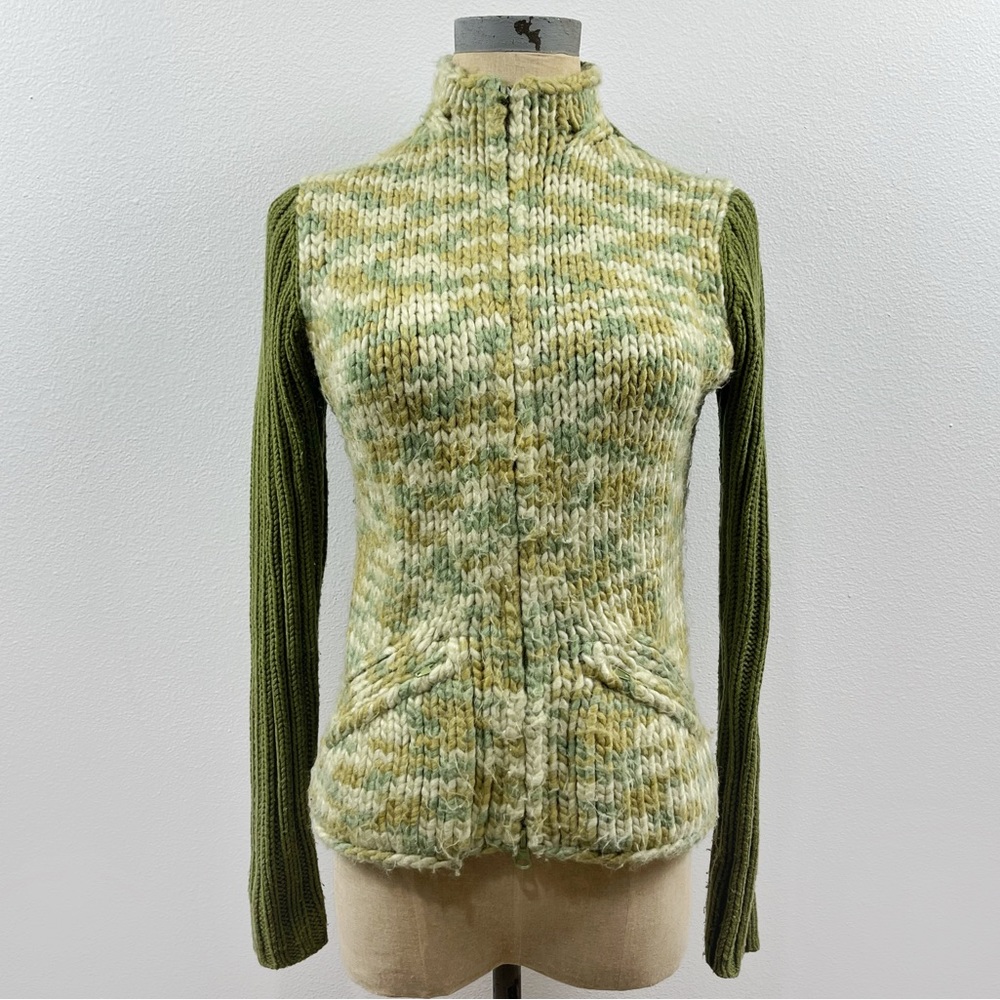 Olo Green Chunky Knit Zip Up Sweater With Pockets Ribbed Knit Size Small